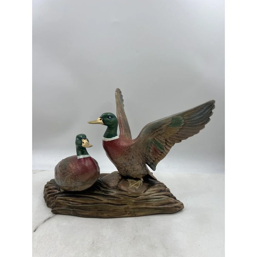 Vintage 1983 Mallard Duck Figurine Pair Hand Painted Ceramic Shupe Signed 13